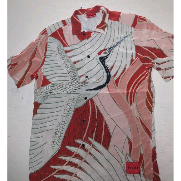 Hugo Boss Straight Fit Red Mens L Short Sleeve Japanese Crane Shirt Italian - Picture 1 of 7